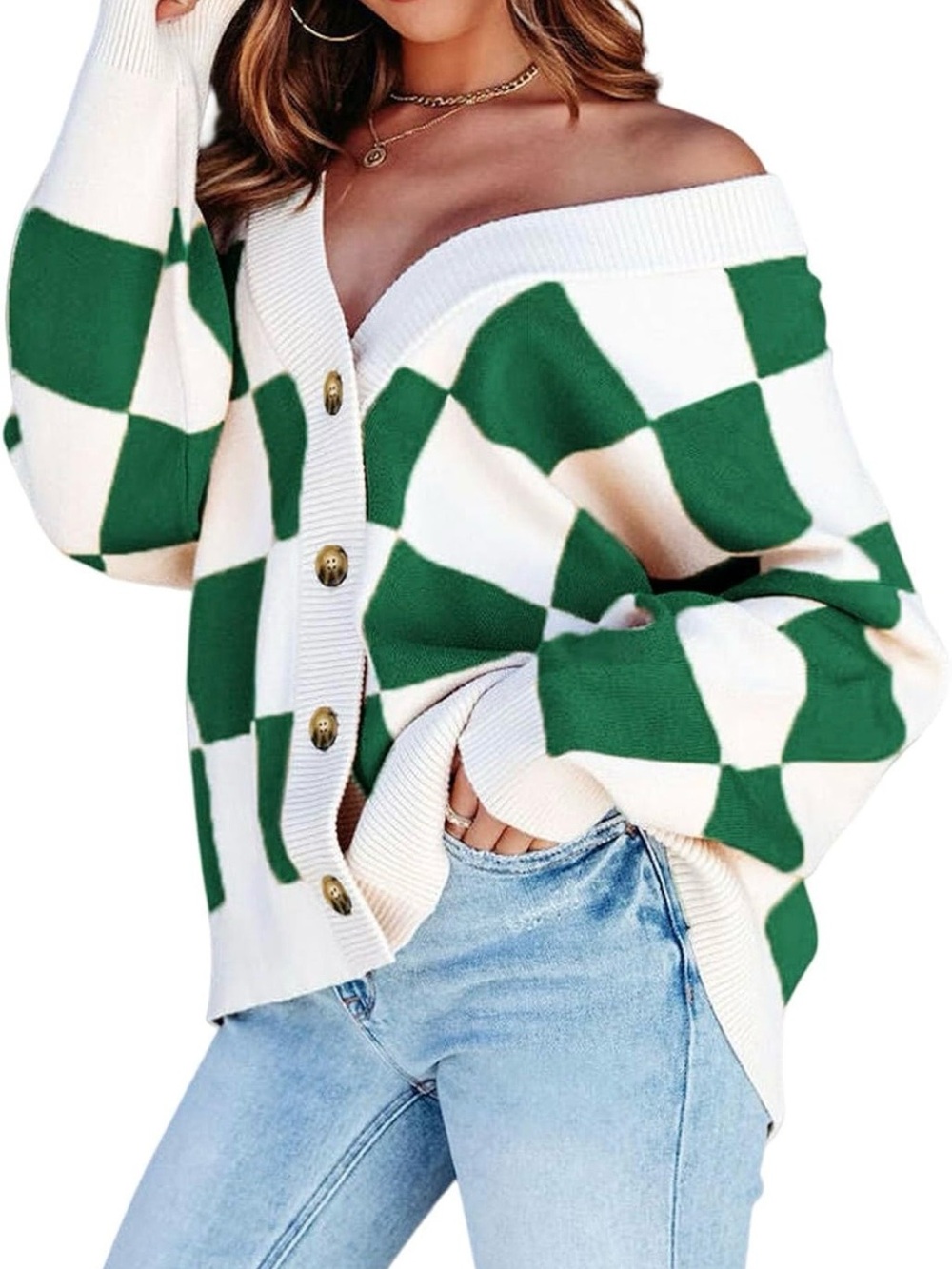 Dokotoo cable knit Checker Cardigan in Green & White sweater size medium